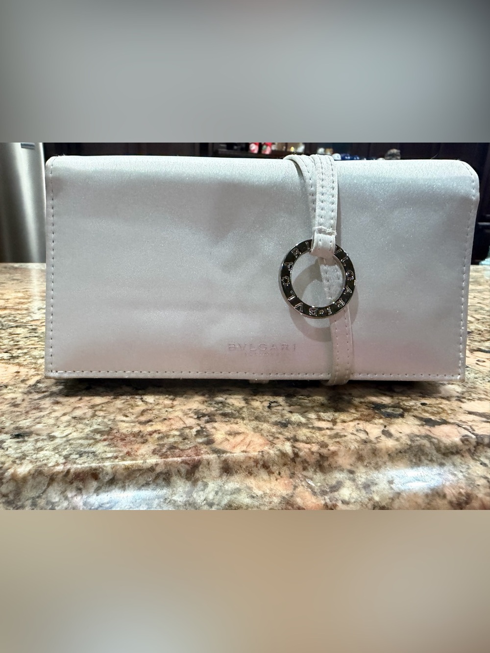 Bulgari White Silk Travel Clutch with Signature Ring